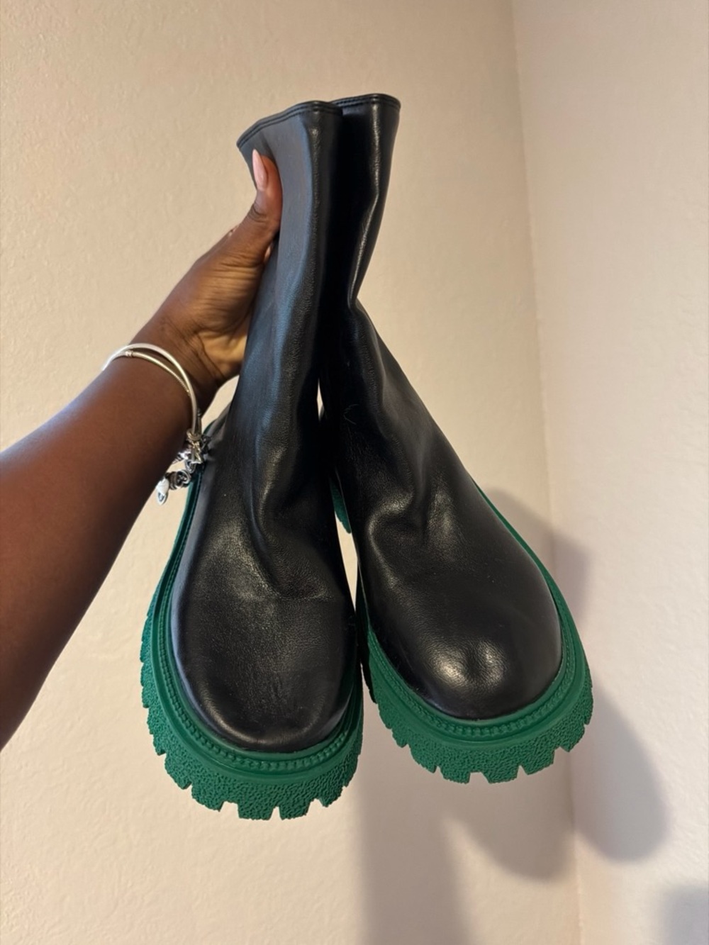 Black Leather Ankle Boots with Green Lug Sole